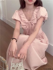 Festklänningar bomull blandar fluga 2023 kvinna sommar solid söt söt japan stil design retro vintage lång klänning