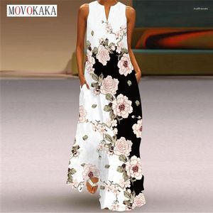 カジュアルドレスMovokaka Summer Long Women Beacheeveless Vintage Dress Woman Party Flowersプリントルーズエレガント