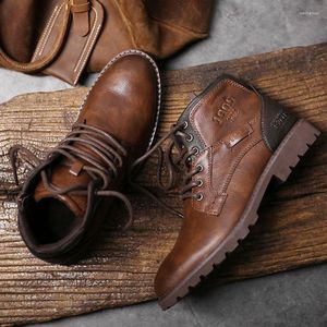 Boots Leather Men Ankle High Top Shoes Outdoor Work Casual Motorcycle Military Combat Fashion Autumn Brown