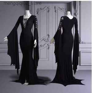 Costume a tema Vampiro medievale Abito con lacci neri Abito per le donne S-5XL Sexy Strega Fantasma Halloween Come Morticia Addam Abito lungo gotico Q231010