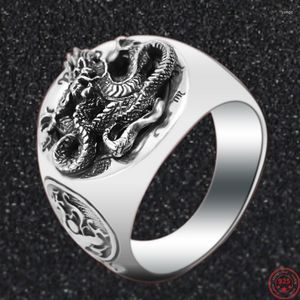 Cluster Rings S925 Sterling Silver For Men 2023 Men's Fashion Chinese Ancient Four Sacred Animal Relief Dragon Argentum Jewelry