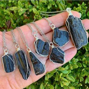 Natural preto turmalina colares fio envolto rocha mineral nuggets reiki cura preto quartzo pingente colares femme collier265n