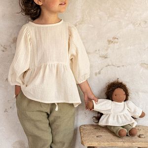 Barnskjorta Autumn Casual Large 3 4 ärmar Girls Blus 100 Organic Cotton Double Gaze Children S Solid Loose Ruffle Tops TZ187 231007