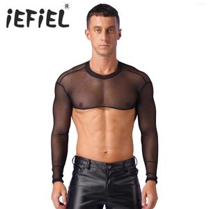 Tanques masculinos Mens Malha Colheita Transparente Mock Pescoço Manga Longa T-shirt Tanques Cover Ups Beachwear Clubwear Pole Dancing Stage Performance