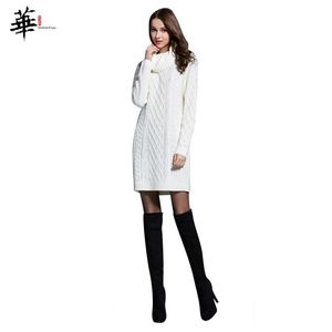 Women Winter Sweater Dress Knitted Long Sleeve Dresses for Women Femme Robe Woman Pullover Turtleneck White Plus Size Dress 210319307a