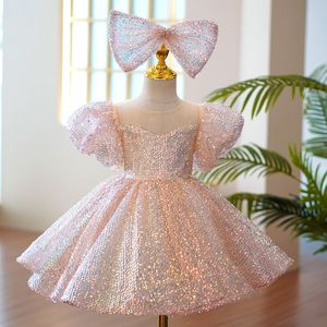 Pink Shiny Flower Sheer Neck spetskristaller Bollklänning Little Girl Wedding Blingbling Frist Commonion Pageant Dresses Birthday Party Prom Gowns 403