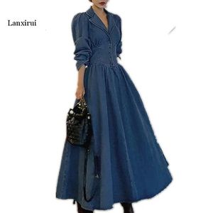 Abiti taglie forti primavera autunno abito vintage in denim con maniche a sbuffo donna scollo a V vita alta slim big swing abito lungo a trapezio 231009