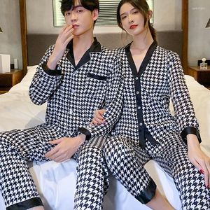 Pijamas femininos primavera outono preto branco houndstooth impresso pijamas de cetim casal botões camisa calças pijamas feminino masculino loungewear