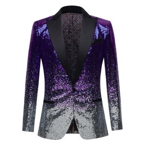 Męskie garnitury Blazers Silvery and Violet Blue Sequin Shawl Collar Tuxedo Suit Blazer Mężczyźni Wedding Groom Singer Prom Glitter JA3273