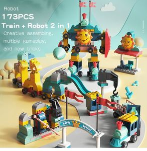 Domino Zug 173PCS Große Partikel DIY Vielseitiger Baustein Bahnhof Space Star Cartoon Anime Roboter Spielzeug Ziegel Baustein Set Spielzeug für Kinder Weihnachtsgeschenk