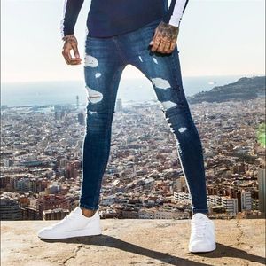 Men's Jeans Mens Solid Color 2021 Fashion Slim Pencil Pants Sexy Casual Hole Ripped Design Men Streetwear Hip Hop2339