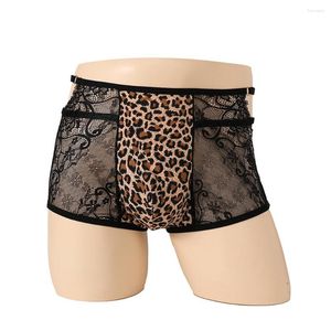 Underbyxor herrar sexiga shorts u konvex påse leopard tryck underkläder se genom boxare tränger mesh stammar elastiska andningsbara