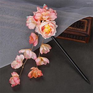 Grampos de cabelo vara flores de seda borla de madeira hairpin menina roupas chinesas ornamento varas para mulher sno88