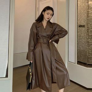 Women's Jackets 2023 Autunm Winter Fashion Women Retro Temperament Leather Coat French Style Waist-in Suit Collar Mid-length Overcoat
