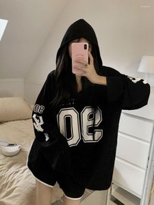 Women's T Shirts HOUZHOU Oversize Hooded T-shirts Women Vintage Y2k Letter Print 90s Aesthetic Tops Korean Fashion Casual Black Long Sleeve