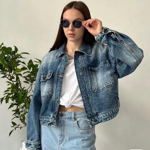 Jaquetas femininas 2023 mulheres denim jaqueta outono sólido turn-down colarinho bolso high street chique deslumbrante moda legal na moda elegante luxo mx