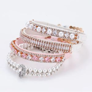Dog Collars Leashes Cat Pearl with Crystal Rhinestone Necklace Adjustable PU Leather Neck Strap for Small Dogs Accessories 231009