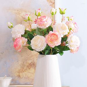 Decorative Flowers 3 Forks Artificial White Roses Peony For Home Decoration Silk Fake Flor Party Wedding Marriage Bride Faux Flower