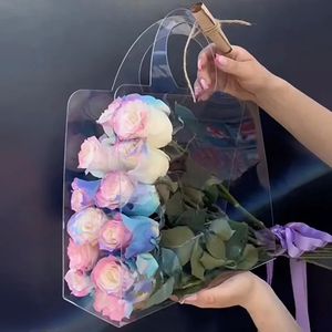 Confezione regalo Borsa per bouquet di fiori trasparente con manico Borsa da imballaggio fresca Confezione contenitore per feste Scatola per rose nuziali 231009