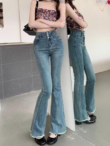 Jeans femininos dois botões cintura alta skinny flare para mulheres verão outono casual chique magro comprimento total boot corte