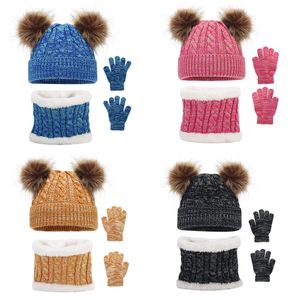 Winter Mixed Color Woolen Children's Double Ball Knitted Hat Scarf Gloves Three Piece Set for Boys and Girls' Hats DF286