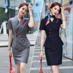 Flight Crew Attendant Uniform Professional Suit Female Hotel Reception Beautician Work Wear Stewardess Flying Costume Aviation Uniforms