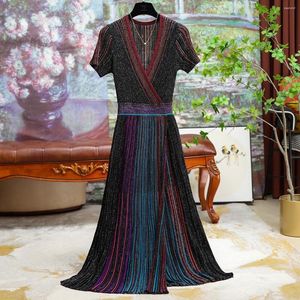 Vestidos casuais verão malha feminina formal vestido de noite pesada indústria v-pescoço longo ajuste elegante impressão uma linha saias roupas femininas