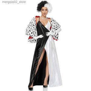 Tema kostym cruella cosplay kommer svart vit djävul kommer peruk spot sjal elegant klänning set halloween kvinnors sexiga kvällsfest klänningar q231010