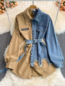 Kvinnors blusar Topp kvinnor Höst mode koreansk midjeband oregelbunden skjorta jacka denim vintage montage kläder elegant ungdomskvinna