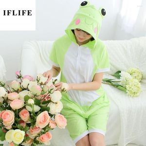 Pigiameria da donna Estate Cotone Donna Uomo Tutina monopezzo Animale del fumetto Rana verde Pigiama con cappuccio Manica corta Pigiama unisex Pijama