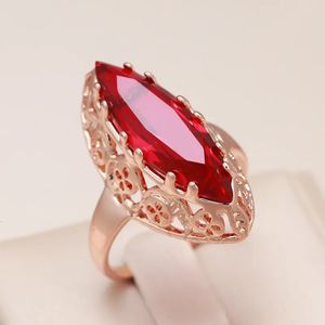 Band Rings Kinel Trend 585 Rose Gold Unique Women Daily Hollow Horse Eye Natural Zircon Fashion Wedding Party Jewelry Gift 231009