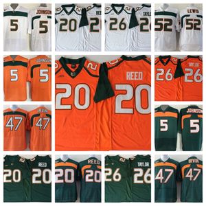 Maglia da calcio Miami Hurricanes 5 Andre Johnson 20 Edward Reed 26 Sean Taylor 52 Ray Lewis 47 Maglia cucita ricamo Michael Irvin