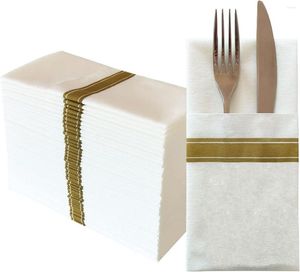 Настольная салфетка, 50 шт., льняные салфетки с золотой линией и встроенным карманом для столовых приборов, одноразовые гостевые предварительно сложенные бумажные полотенца для свадебной вечеринки