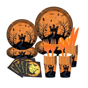 Other Event Party Supplies Halloween Theme Disposable Tableware Cartoon Paper Plate Cup Napkin Banner Set Happy Helloween 231009