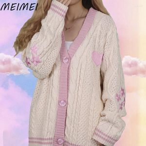 Women's Knits 2023 Autumn Pink Lover Tay V Neck Lor Star Embroidery Swi Knit Cardigan Vintage Oversize Button Sweater Y2k Streetwear