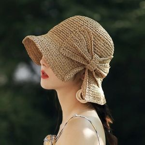 Wide Brim Hats Bucket Hats Parent-child 100%Raffia Bow Sun Hat Wide Brim Floppy Summer Hats For Women Beach Panama Straw Dome Bucket Hat Femme Shade Hat 231009