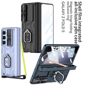 Magnetische, aufklappbare Panzermembran-Handyhülle für Samsung Galaxy Z Folding Fold5 5G, Lanyard-Ringhalter, vollständig schützende, gehärtete Folie, Stylus-Faltschale mit S-Stift-Steckplatz