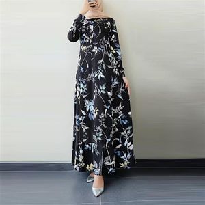 Sukienki swobodne mody kobiety retro dubai długie rękaw kwiatowy nadruk hidżab sukienka z indyka na szyję maxi vestidos szat muulman#g3270n