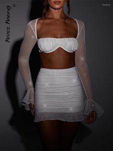 Sukienki robocze seksowne mini spódnica kobiet garnitur upraw top bez pleców koronkowy kwadratowy kwadratowy kołnierz topy z rękawem biodrową spódnice