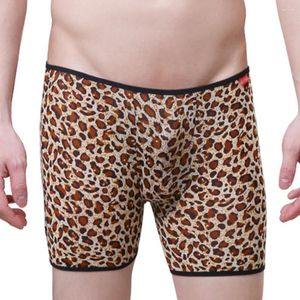 Cuecas sexy homens malha longa perna boxer briefs peni bulge bolsa roupa interior shorts troncos leopardo impressão estiramento boxershorts