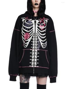 Hoodies femininos retro harajuku hip hop jaquetas esqueleto/crânio impressão manga longa zip up casual solto moletom roupas de halloween