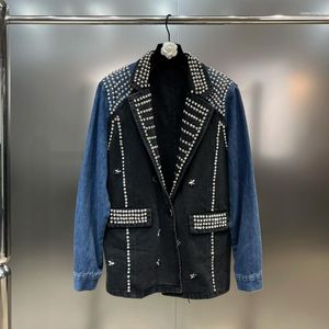 Women's Jackets PREPOMP 2023 Autumn Arrival Notched Collar Embroidered Beadings Diamonds Denim Patchwork Contrast Color Loose Coat GL786