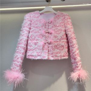 Women's Jackets 2023 Autumn And Winter Exquisite Stitching Ostrich Feather Pink Sequins Cotton Coat Women Short Chic
