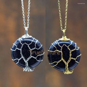 Pendant Necklaces Tree Round Shape Blue Sand Charm Gold Color Chains Necklace Jewelry In 18 Inch NM7747