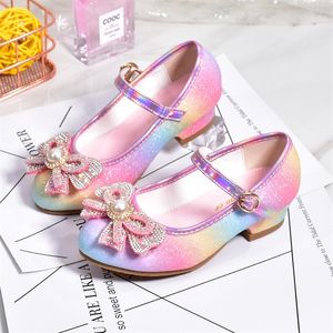 Sneakers Leather Princess Shoes 2023 Children S Round Toe Soft Sole Girls High Heel Crystal Party Dance 231007