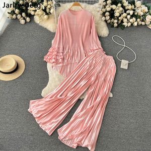 Women's Two Piece Pants Spring Holiday Casual Suit Women Irregular Bubble Sleeve Loose Top Fashion Solid Pleated Wide Leg Trousers Two-piece