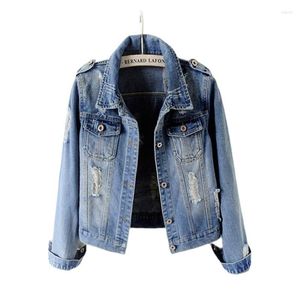 Kvinnors jackor 2023 Spring Autumn Women Short Denim Jacket Fashion Slim Long Sleeve Hole Jeans Coat Student Casual yttre Damer