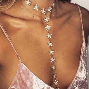 Ketten Luxus Gold Farbe Lange Fünfzackige Sterne Choker Halskette 2021 Kristall Strass Frauen Mode Körper Schmuck203n