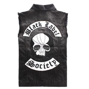 Skull Biker Vest Mens Punk Patches Patchwork denim Vest Skeleton broderi Slim Fit Waistcoat Black Hip Hop287G