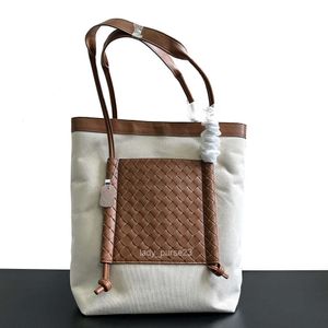 Bottegaas Woven Venetas Commuting Flipflap Tote Bags Damentasche Lady Capacity Canvas Splicing Large Tote Genuine Mommy Cowhide Shoulder 1kim